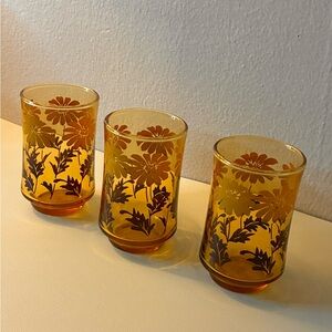 Set of Three Amber Floral Glasses